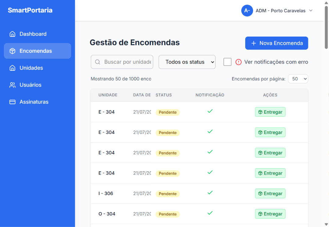 Interface SmartPortaria - Dashboard completo